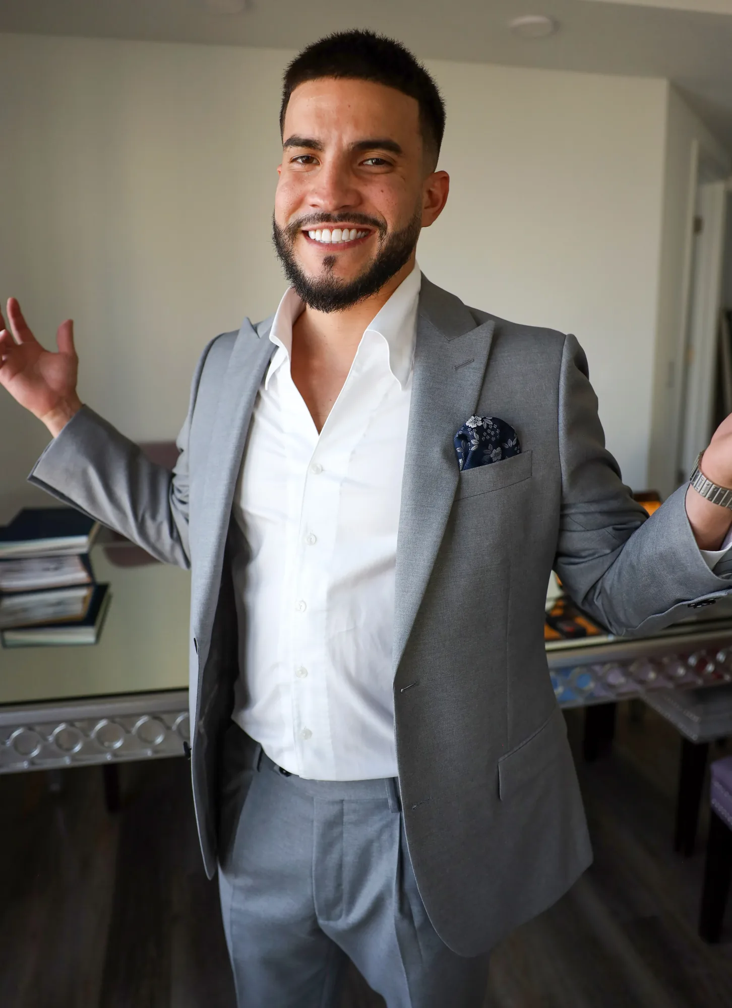 Johnjon Gonzalez wearing the light grey Preludio, arm extended
