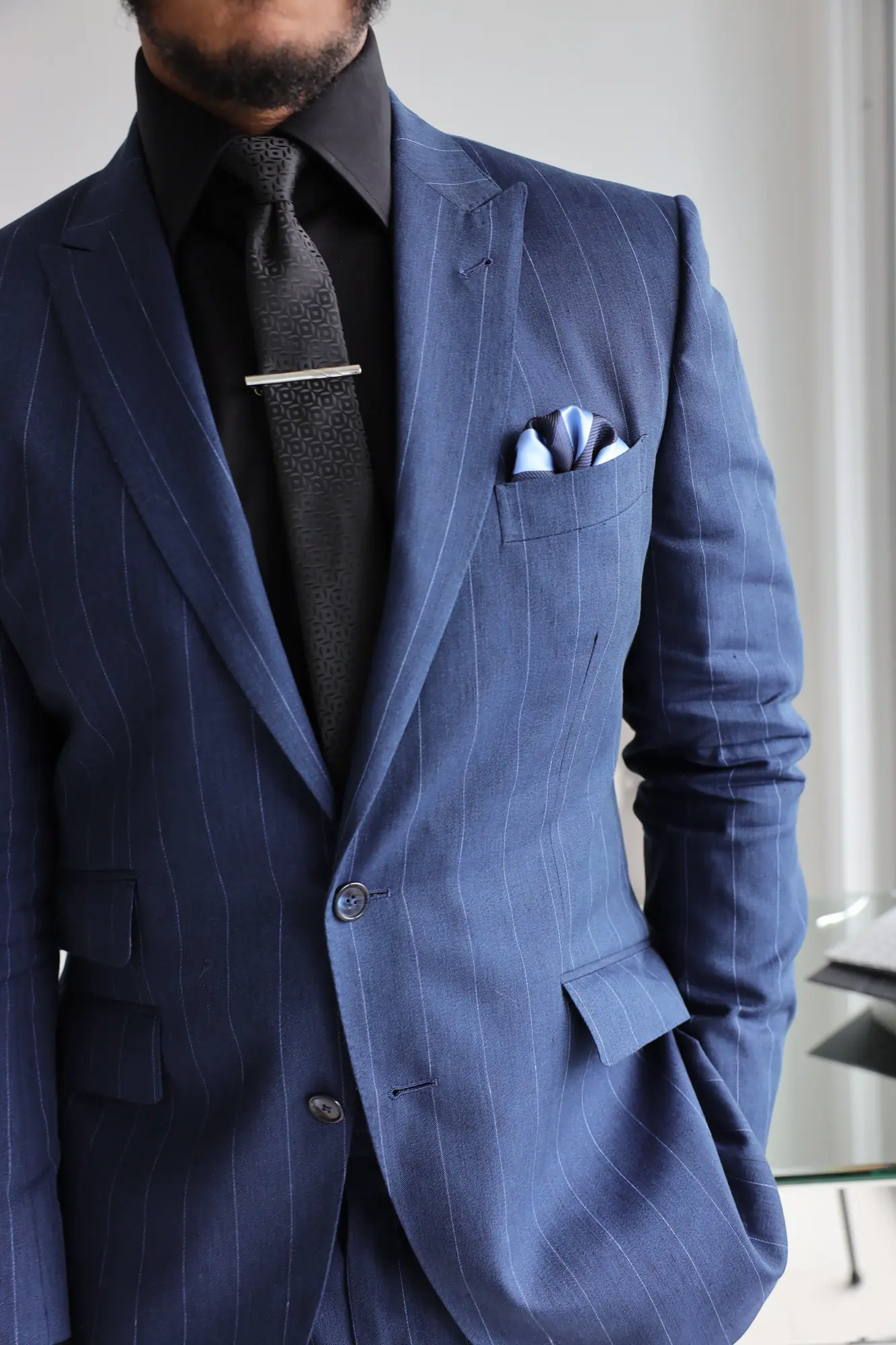 Maison Élevée — custom navy pinstripe